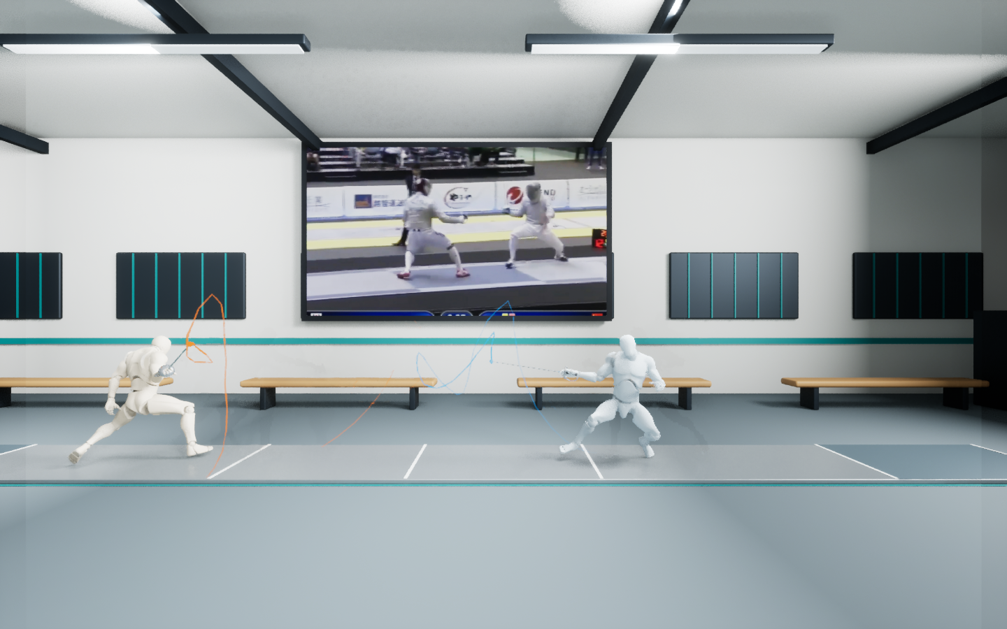 UE fencing replay with blue and orange sword-tip trails and reference footage on the rear wall